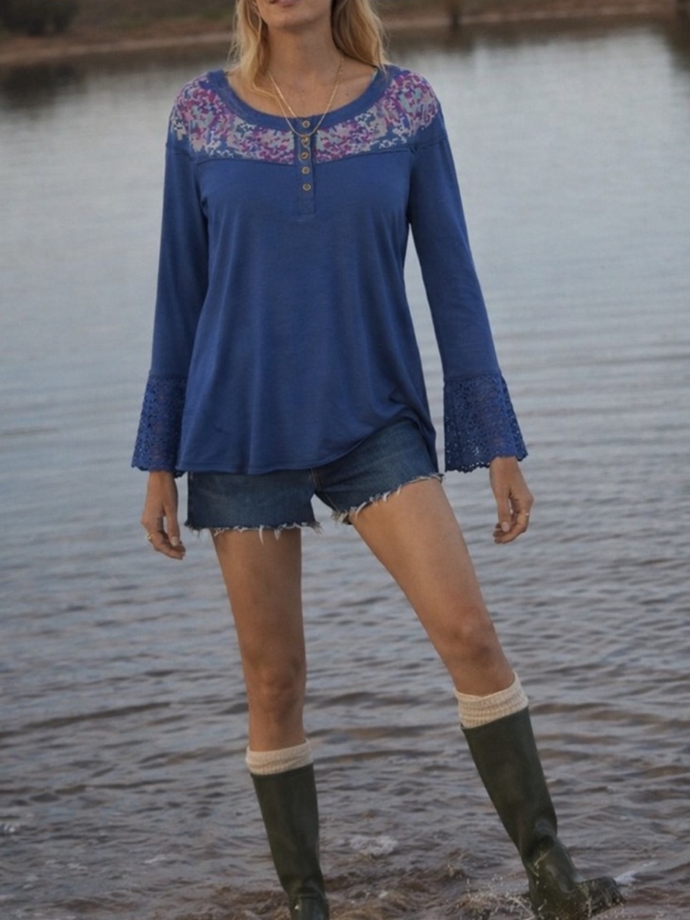 Sundance Blue Cross Stitch Crochet Long Sleeve NWOT